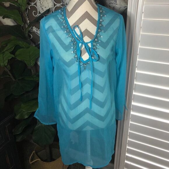 Soaked Teal Jewel Embellished Chiffon Swim Cover - Picture 1 of 8